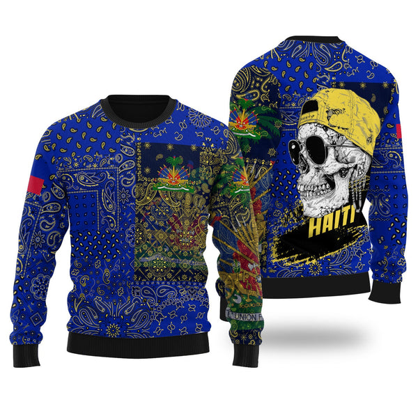 Haiti Ugly Sweater Paisley Flag And Skull Style 1