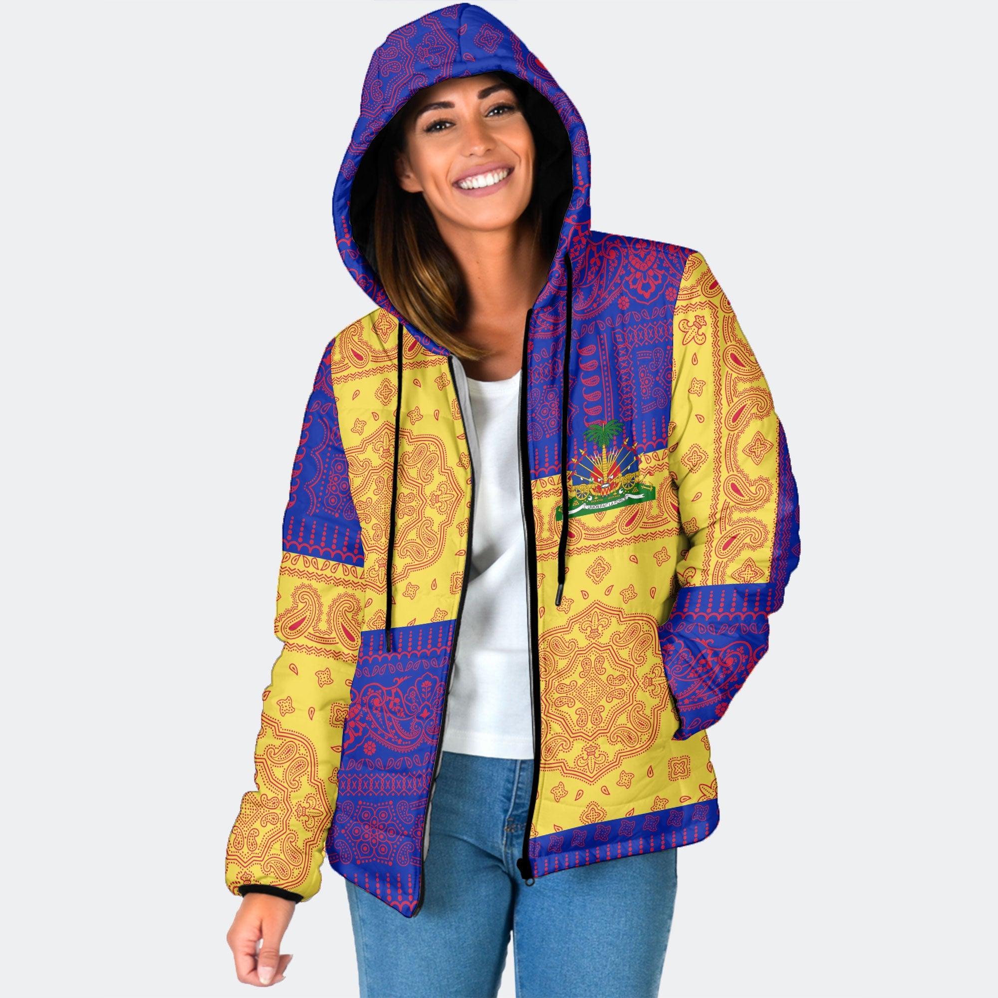 Haiti Women Hooded Padded Jacket Flag And Paisley Basic Style 1