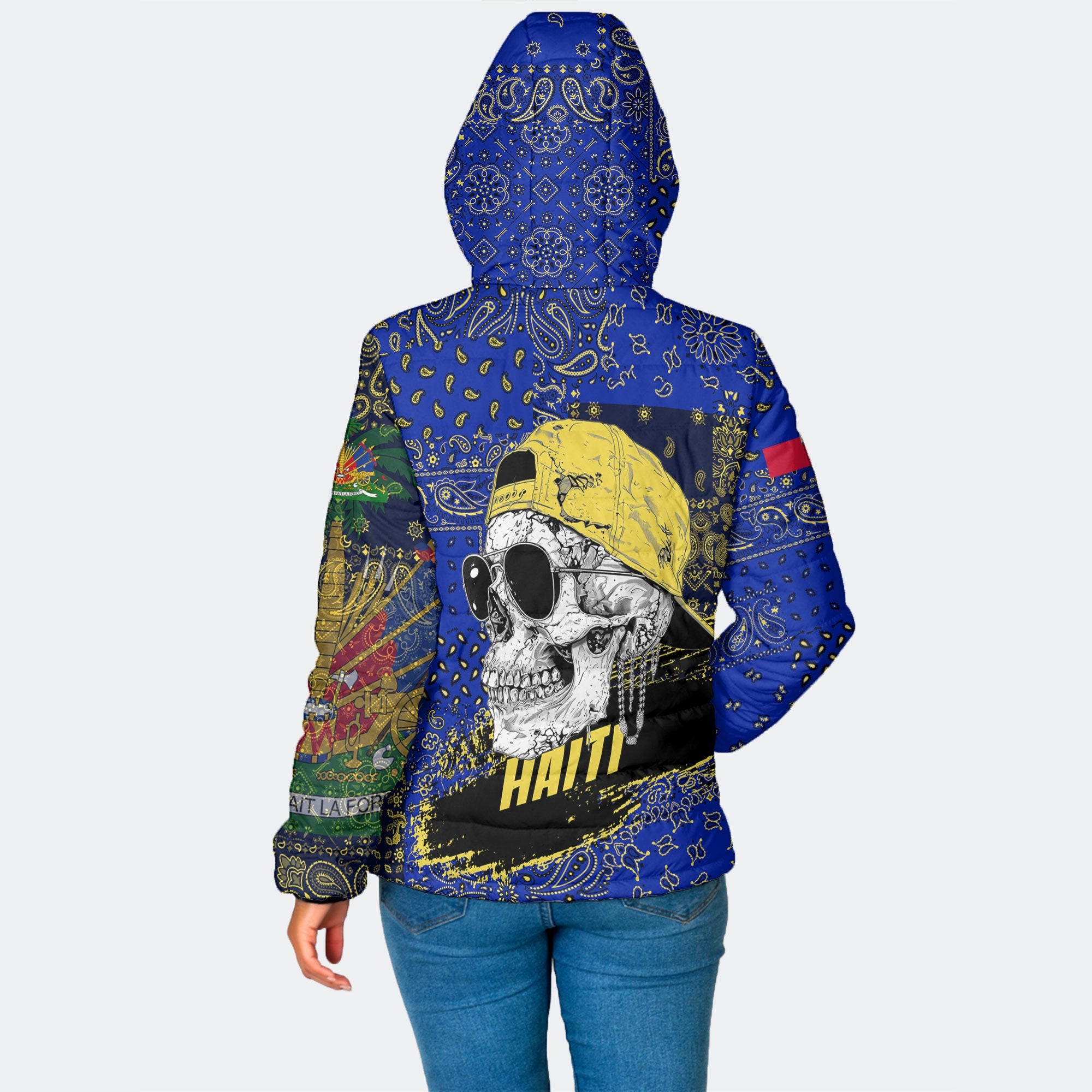 Haiti Women Hooded Padded Jacket Paisley Flag And Skull Style 2