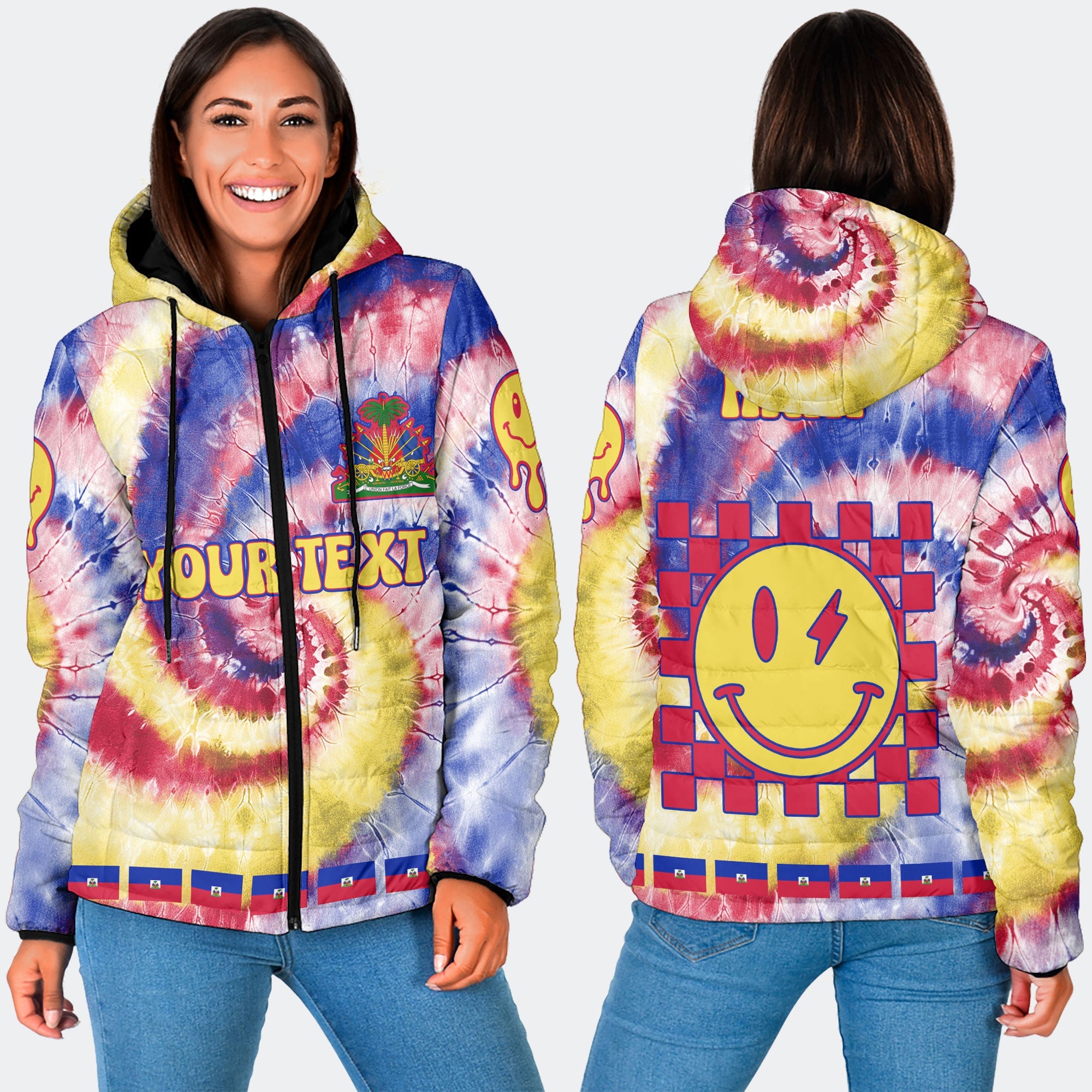 Haiti Women Hooded Padded Jacket Custom Tie Dye Style 3