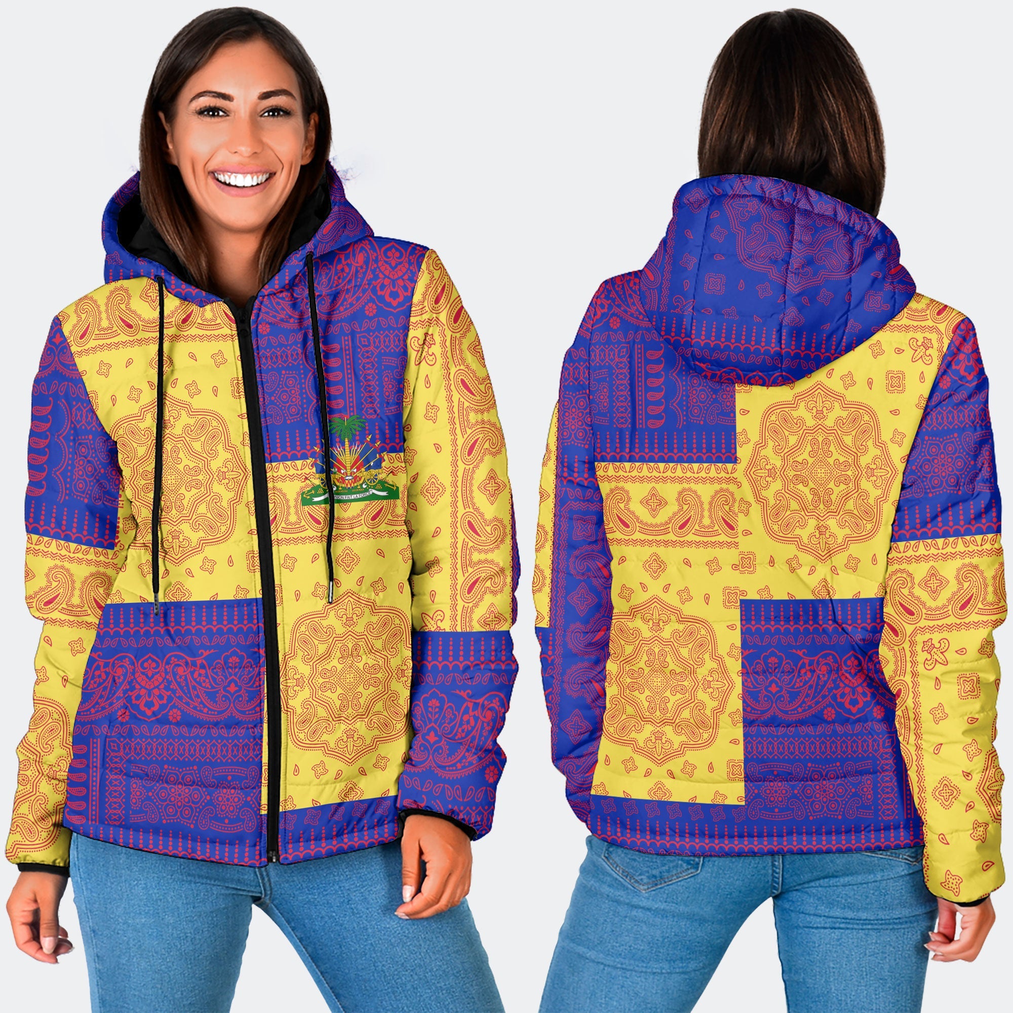 Haiti Women Hooded Padded Jacket Flag And Paisley Basic Style 3