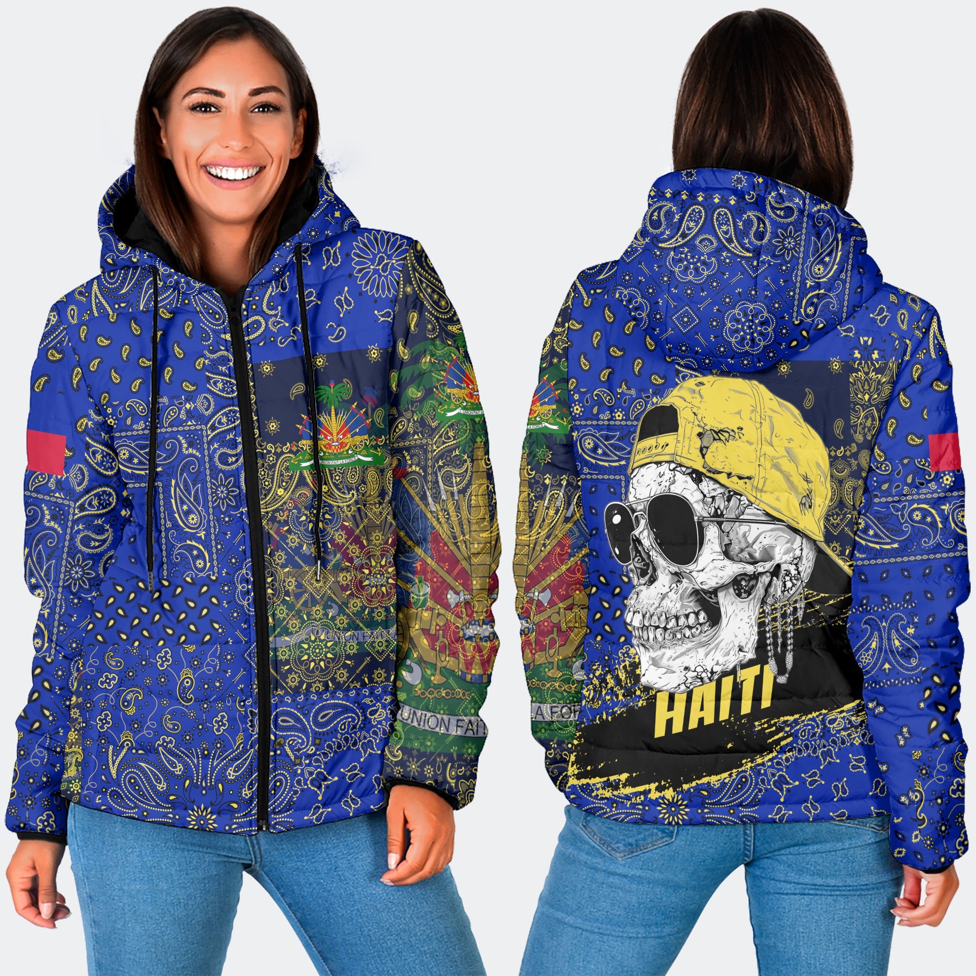 Haiti Women Hooded Padded Jacket Paisley Flag And Skull Style 3