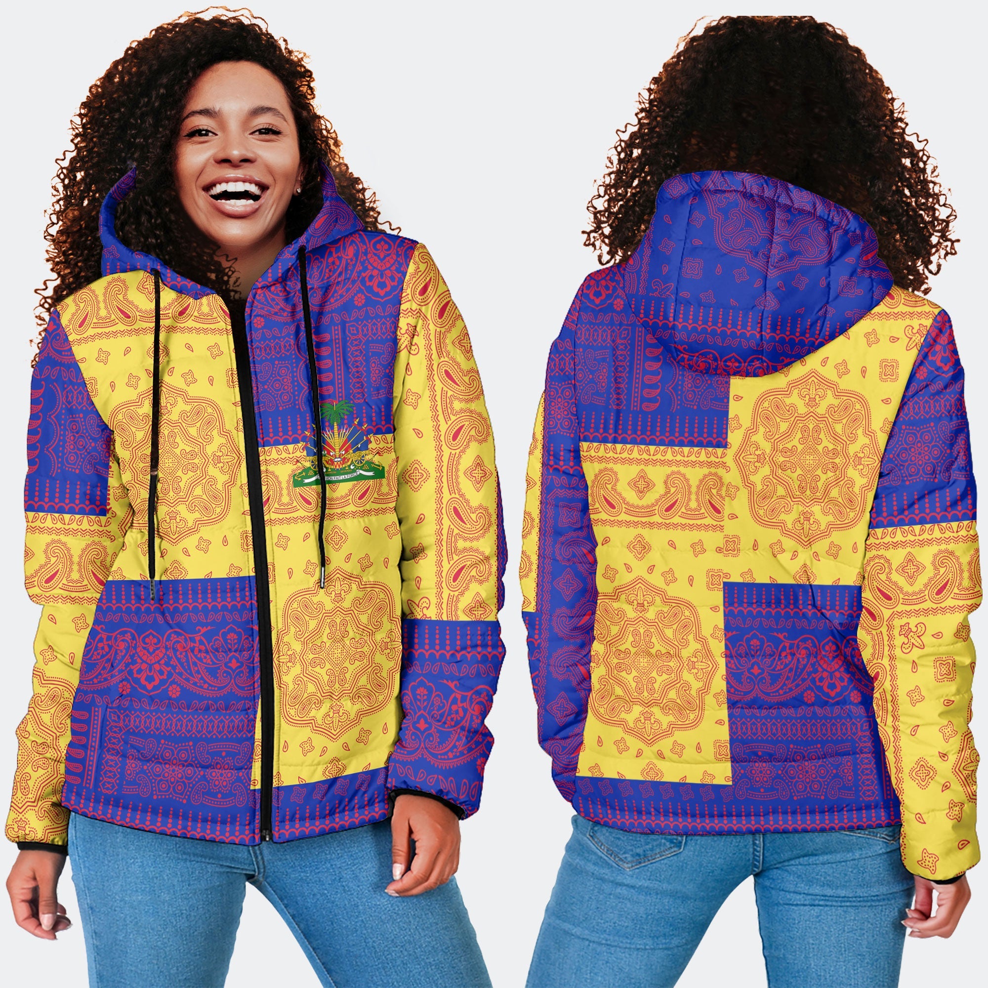 Haiti Women Hooded Padded Jacket Flag And Paisley Basic Style 4