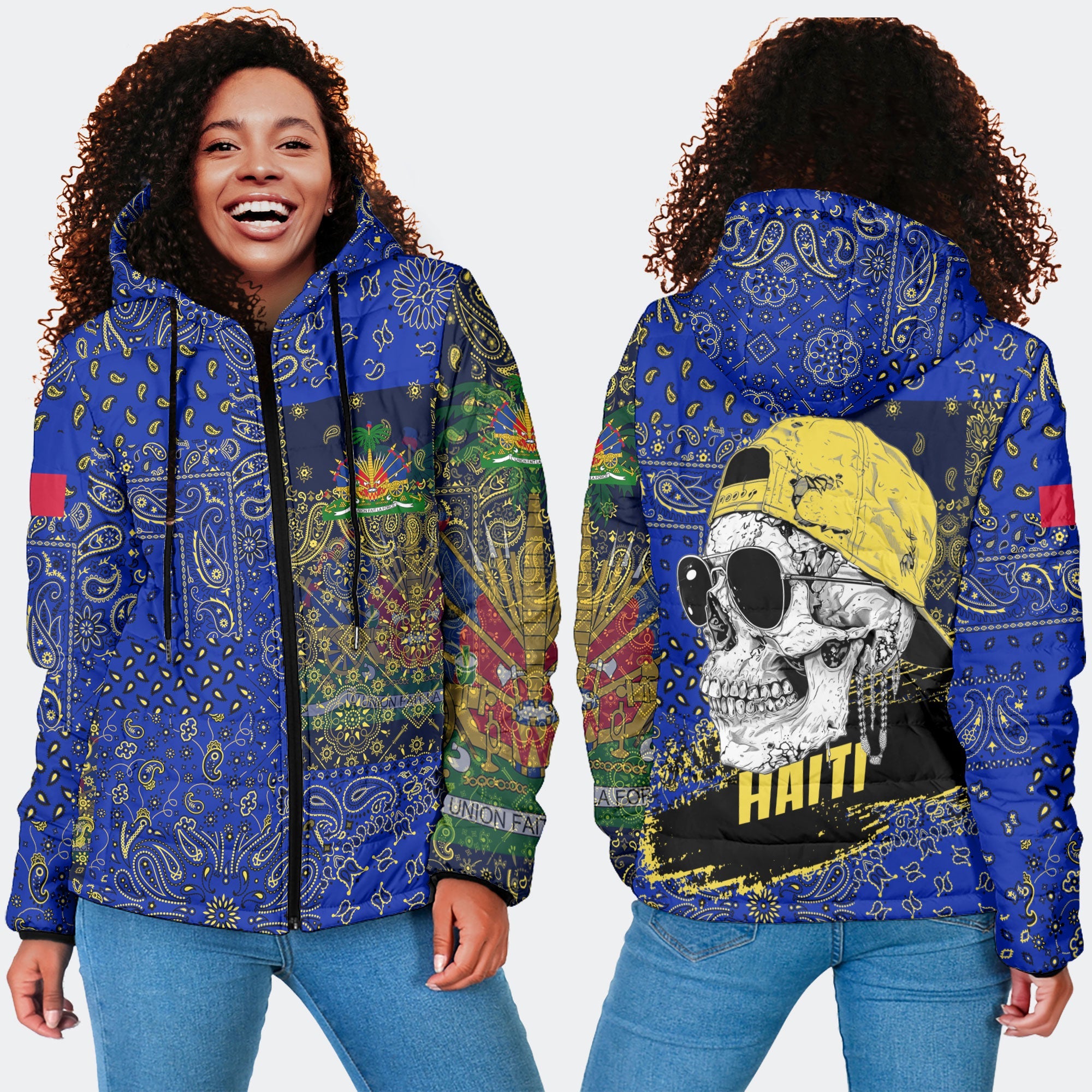 Haiti Women Hooded Padded Jacket Paisley Flag And Skull Style 4