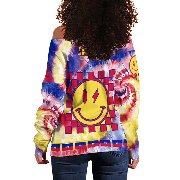 Haiti Women Off Shoulder Sweatshirt Custom Tie Dye Style 1