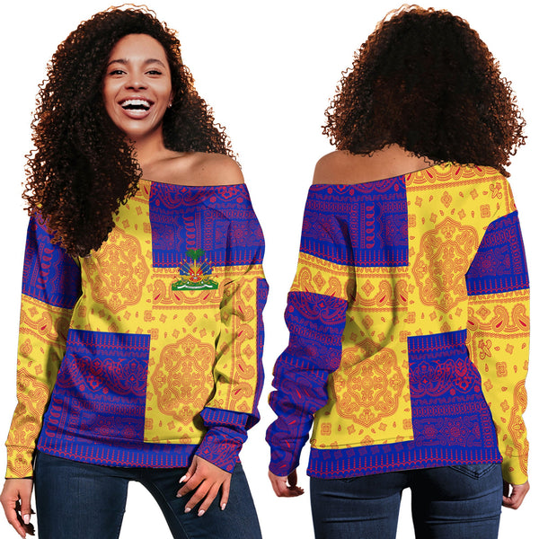 Haiti Women Off Shoulder Sweatshirt Flag And Paisley Basic Style 1