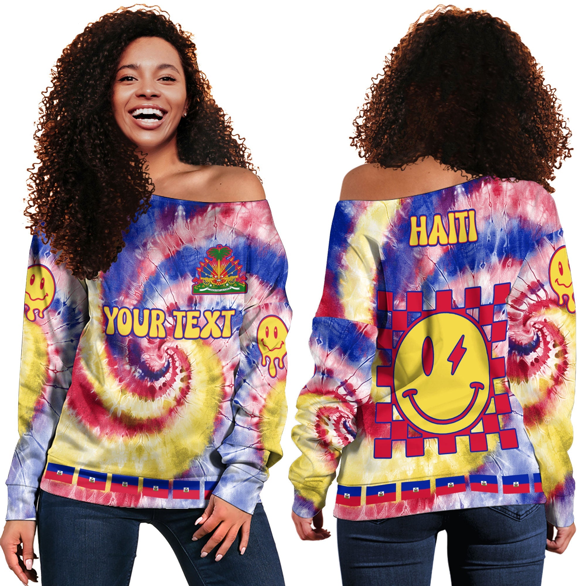 Haiti Women Off Shoulder Sweatshirt Custom Tie Dye Style 2