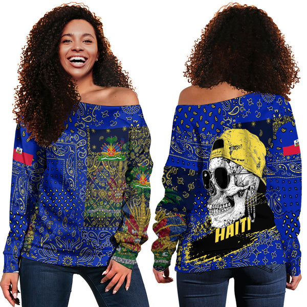 Haiti Women Off Shoulder Sweatshirt Paisley Flag And Skull Style 1