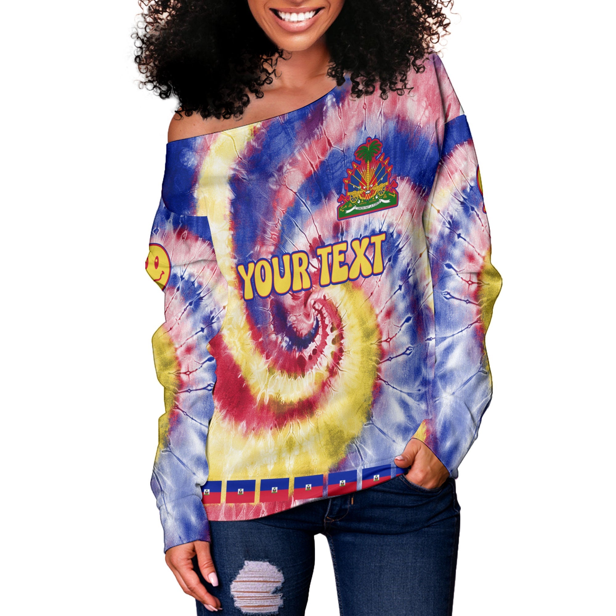 Haiti Women Off Shoulder Sweatshirt Custom Tie Dye Style 3