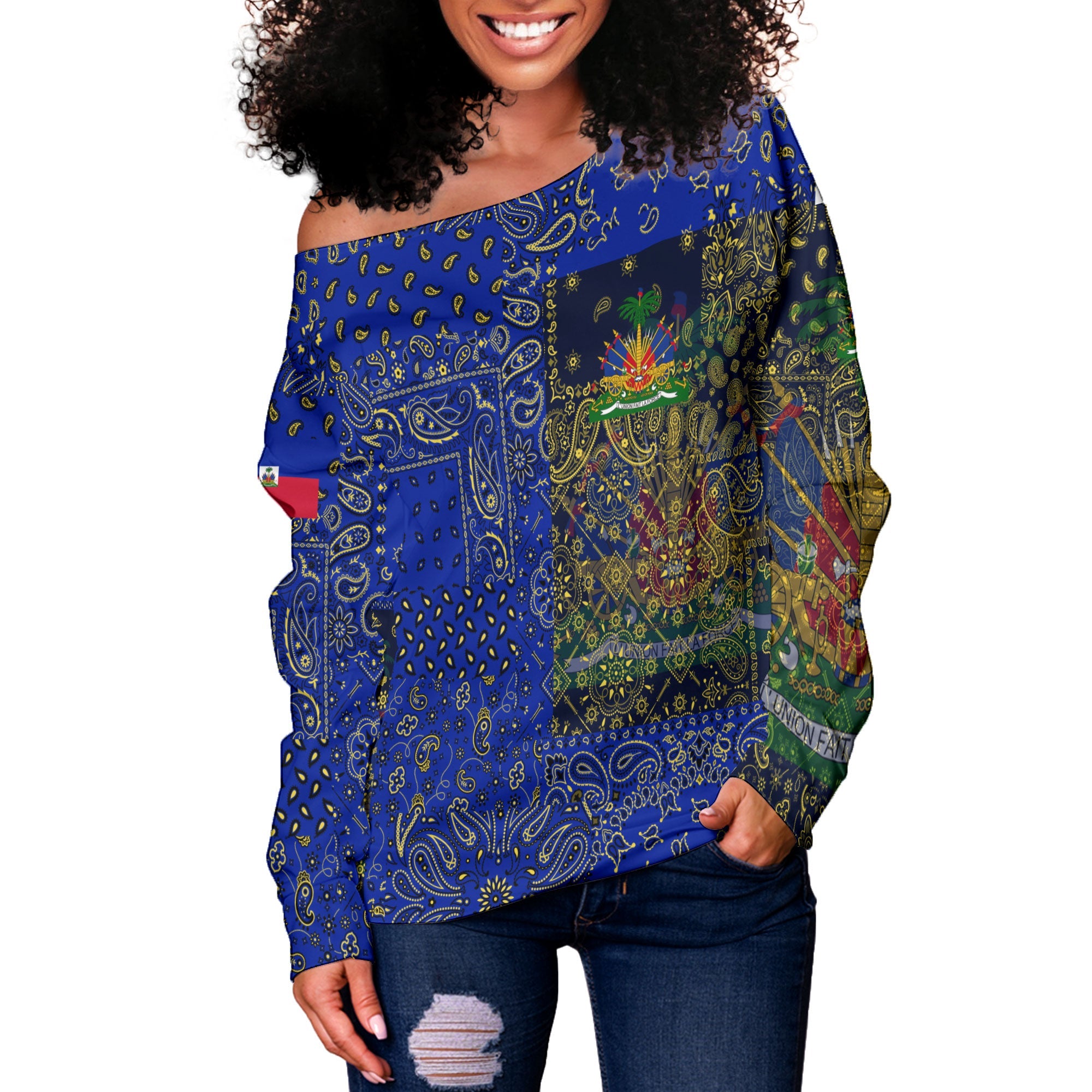 Haiti Women Off Shoulder Sweatshirt Paisley Flag And Skull Style 2