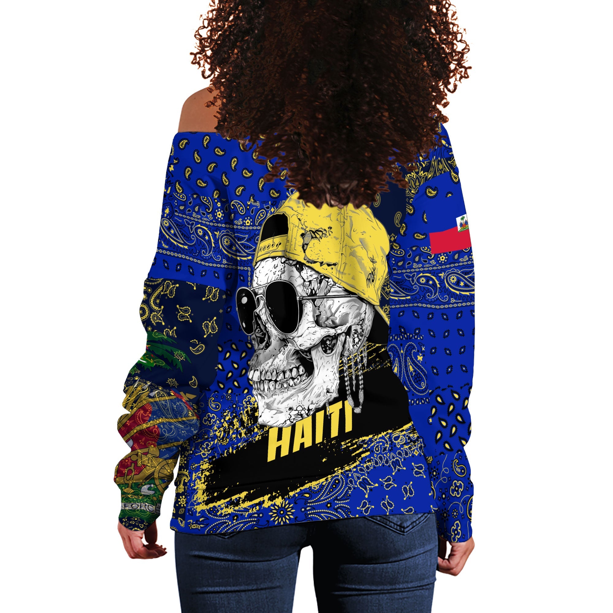 Haiti Women Off Shoulder Sweatshirt Paisley Flag And Skull Style 3