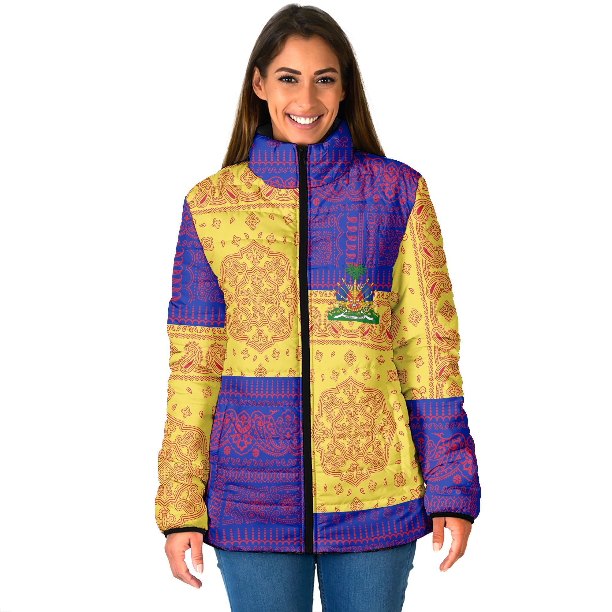 Haiti Women Padded Jacket Flag And Paisley Basic Style 1