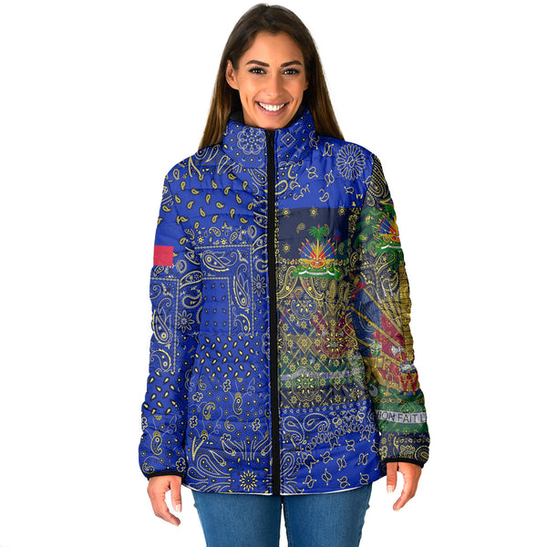 Haiti Women Padded Jacket Paisley Flag And Skull Style 1