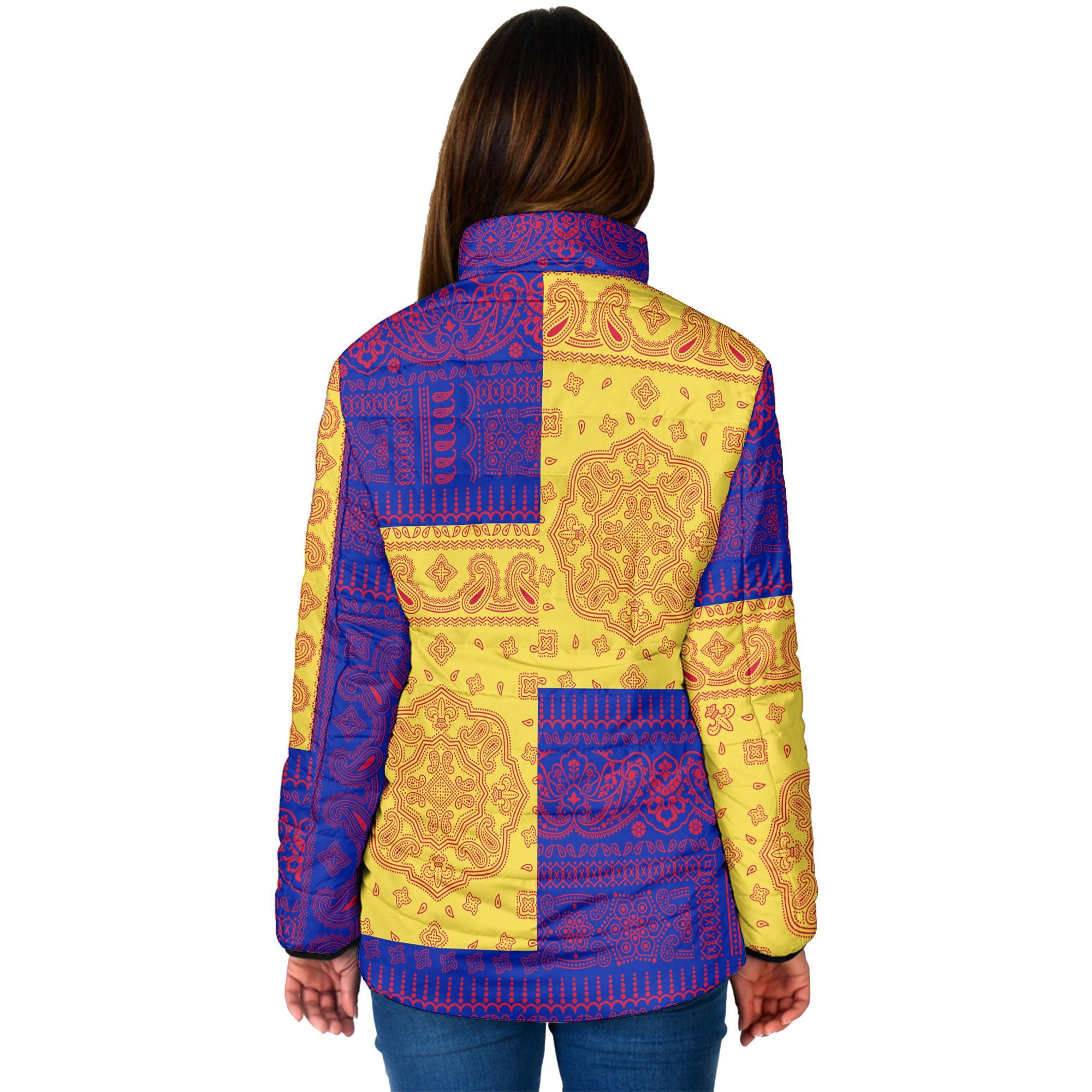 Haiti Women Padded Jacket Flag And Paisley Basic Style 2