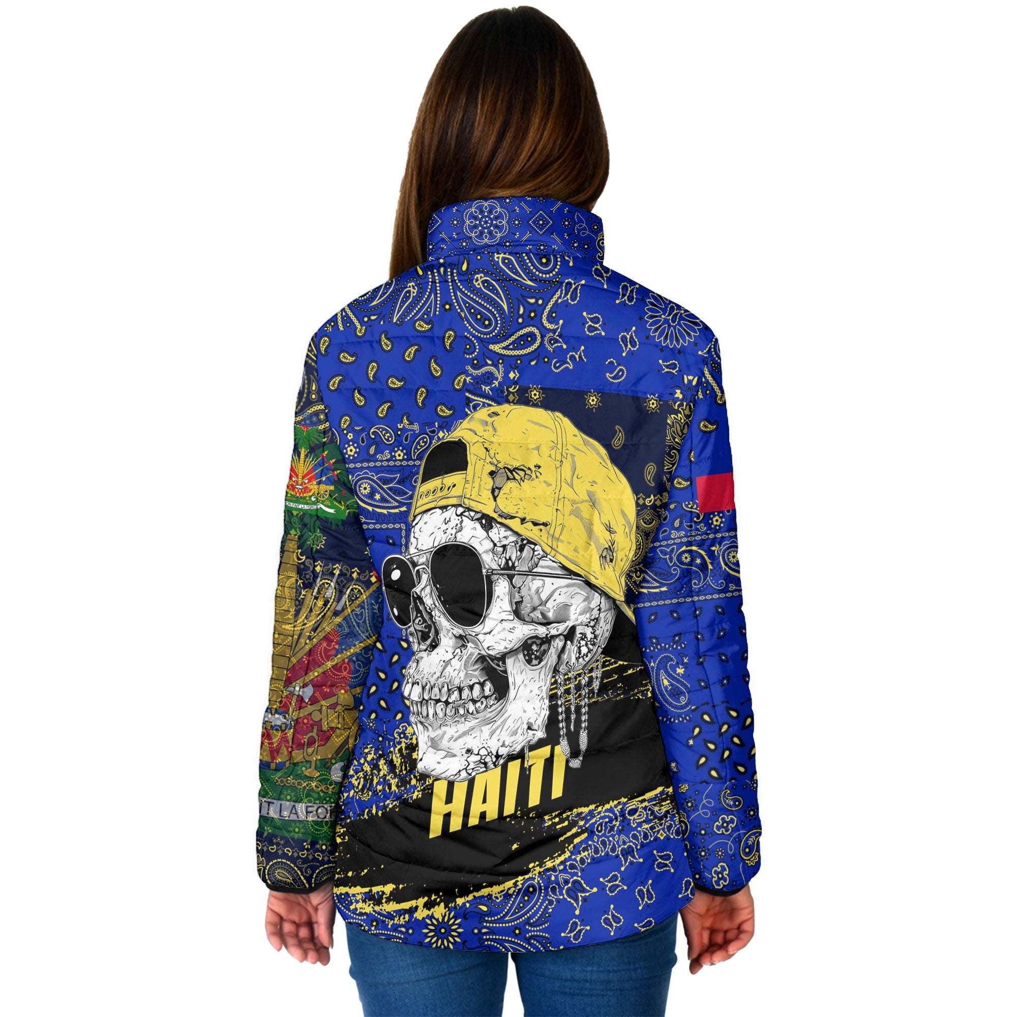 Haiti Women Padded Jacket Paisley Flag And Skull Style 2