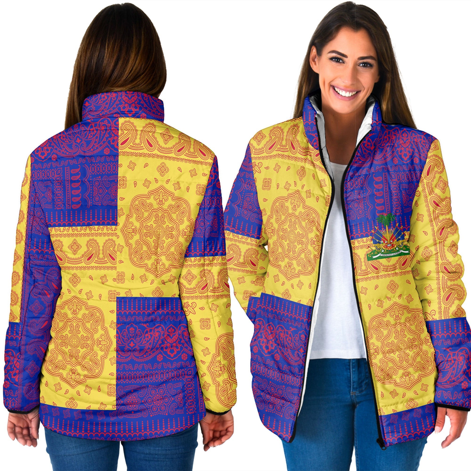 Haiti Women Padded Jacket Flag And Paisley Basic Style 3