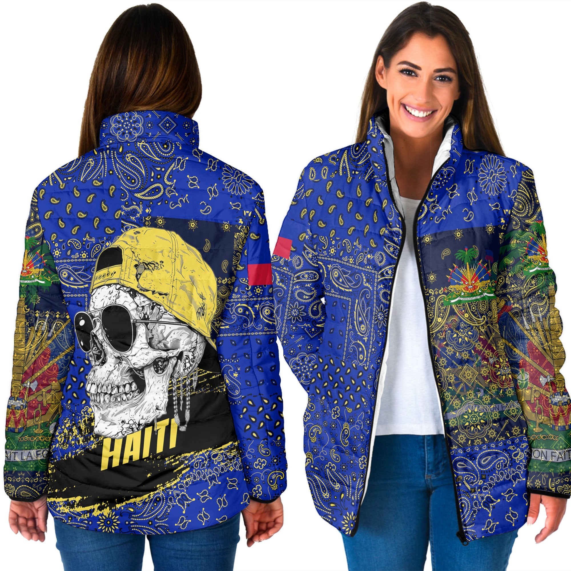 Haiti Women Padded Jacket Paisley Flag And Skull Style 3