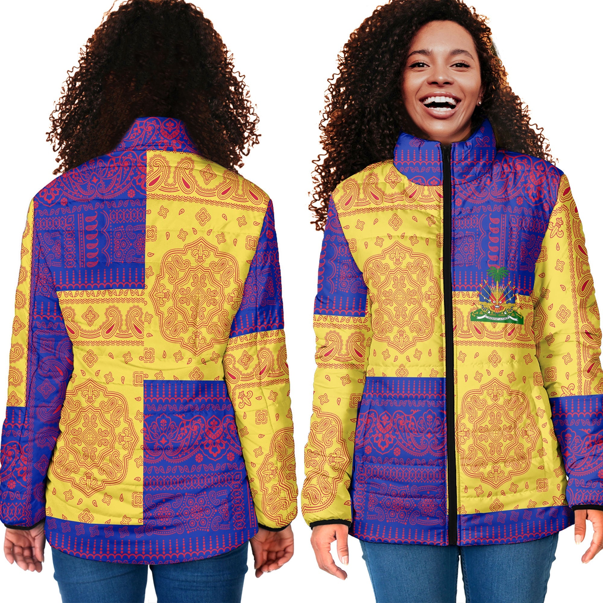 Haiti Women Padded Jacket Flag And Paisley Basic Style 4