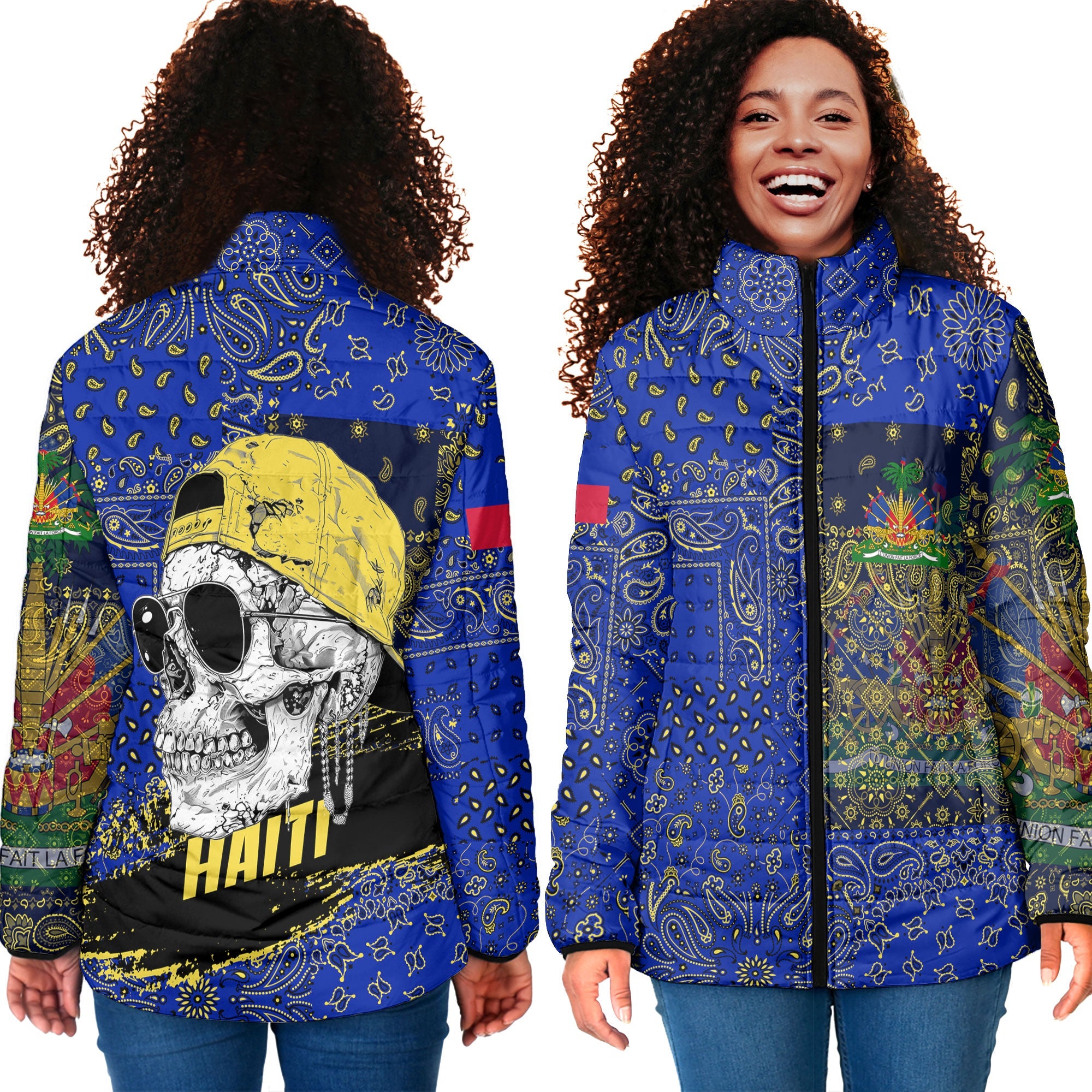 Haiti Women Padded Jacket Paisley Flag And Skull Style 4