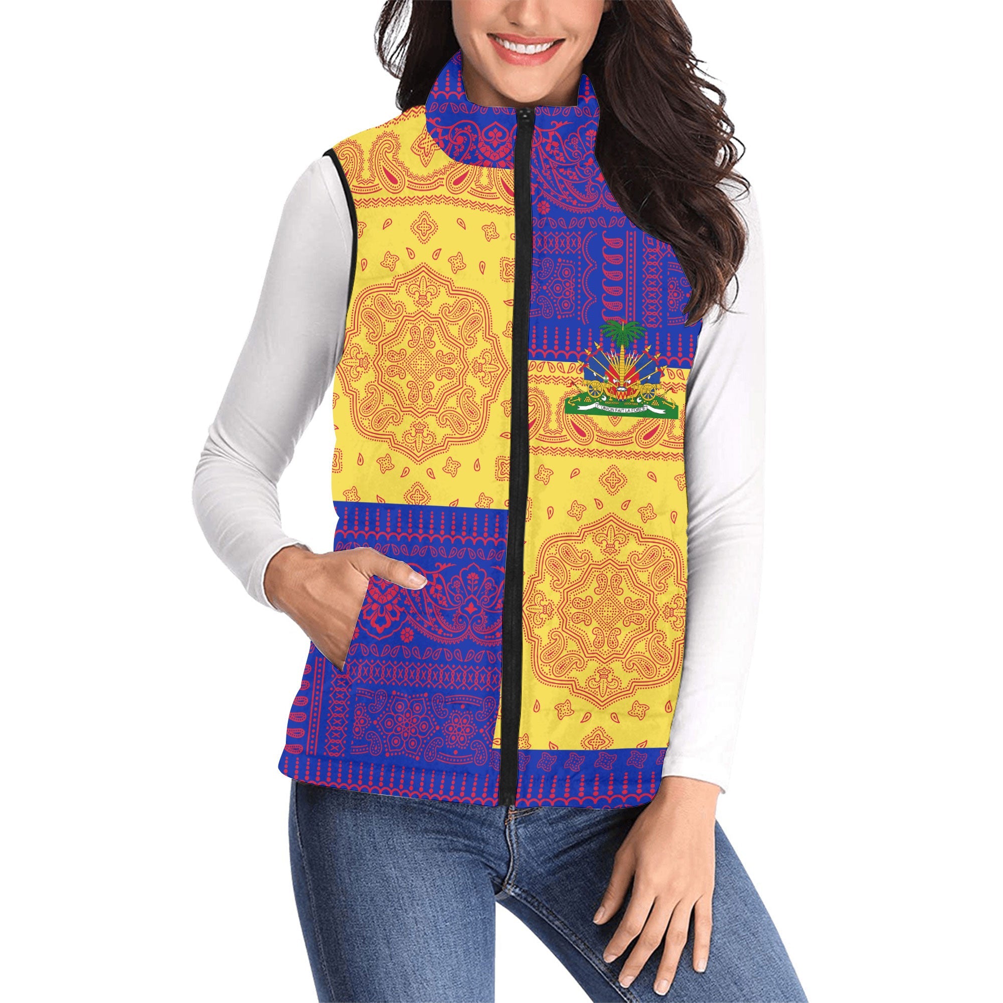 Haiti Women Padded Jacket Vest Flag And Paisley Basic Style 1