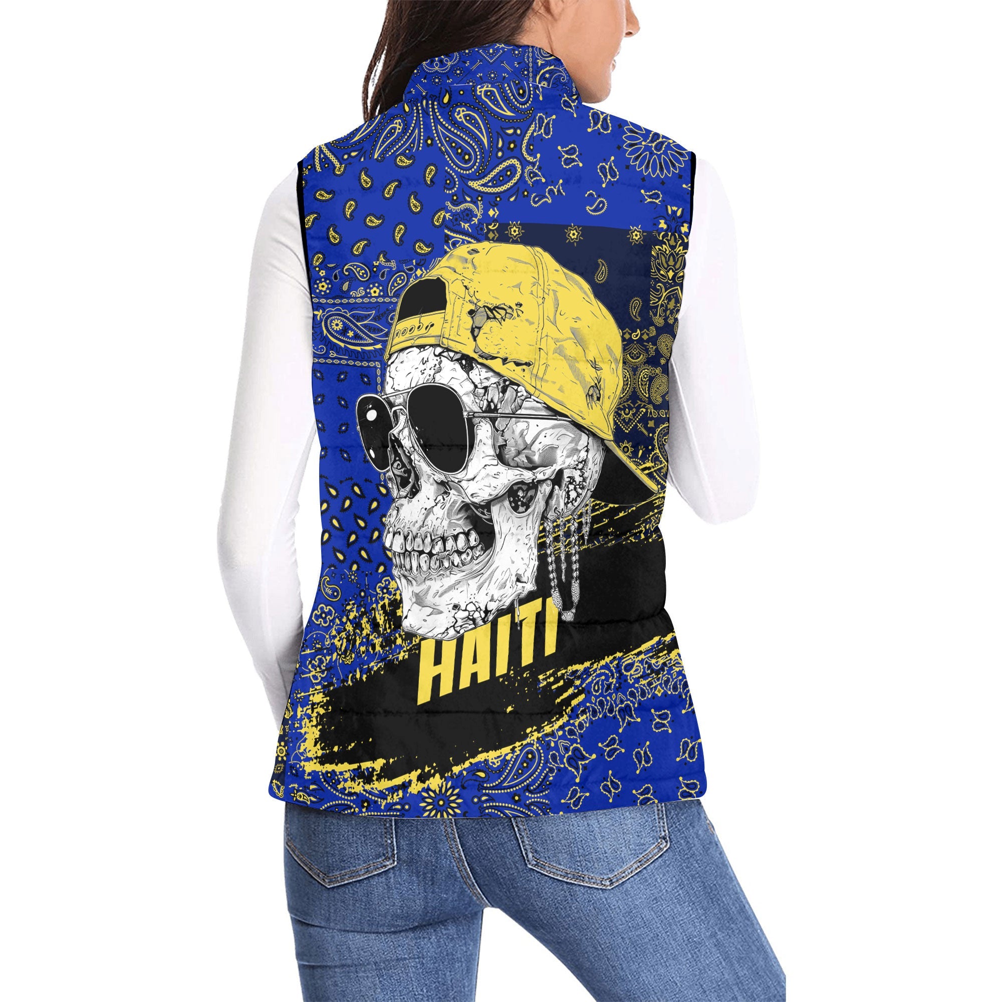 Haiti Women Padded Jacket Vest Paisley Flag And Skull Style 2