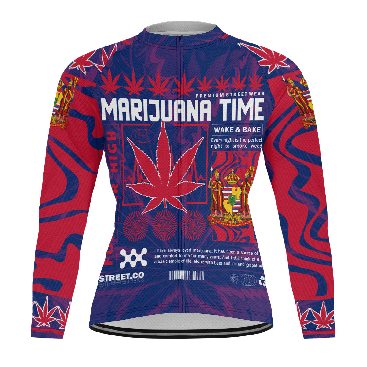 Hawaii Men's Cycling Jersey Long Sleeve Flag & Coat Of Arms Marijuanas Style