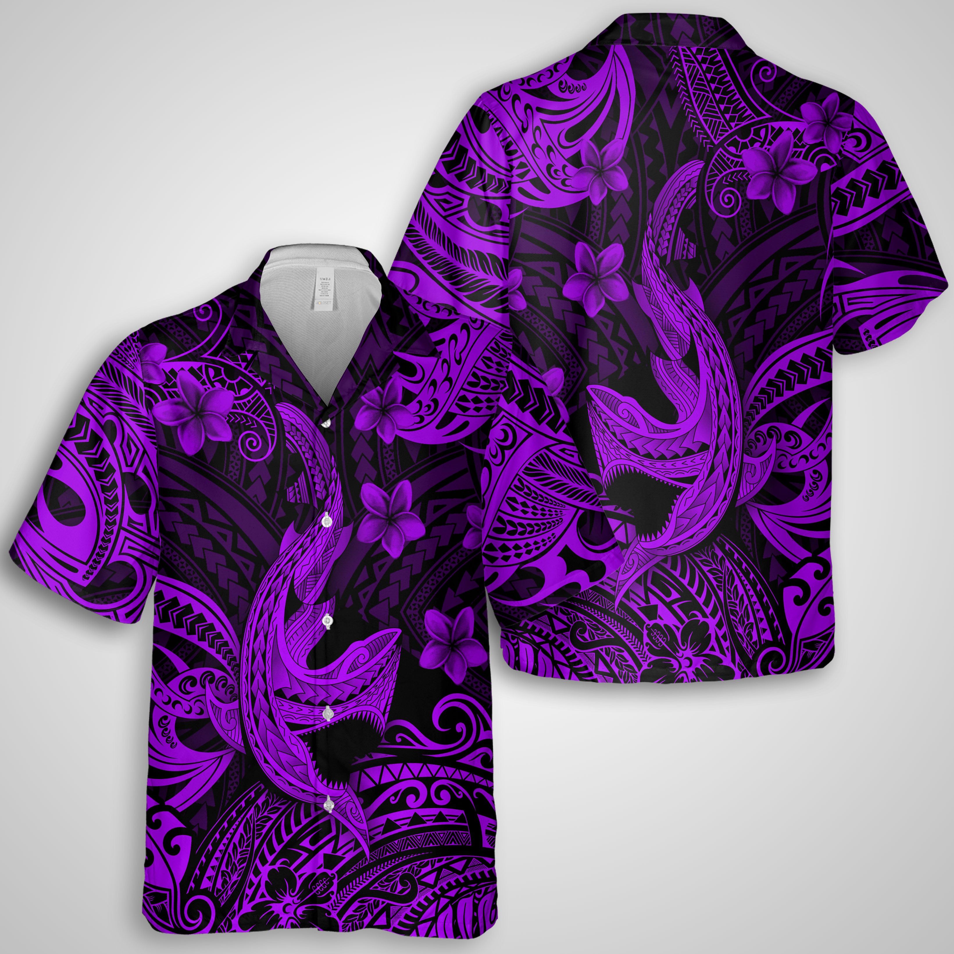 Hawaii Matching Outfits For Couples Polynesian Shark Purple & Black Style - TT01