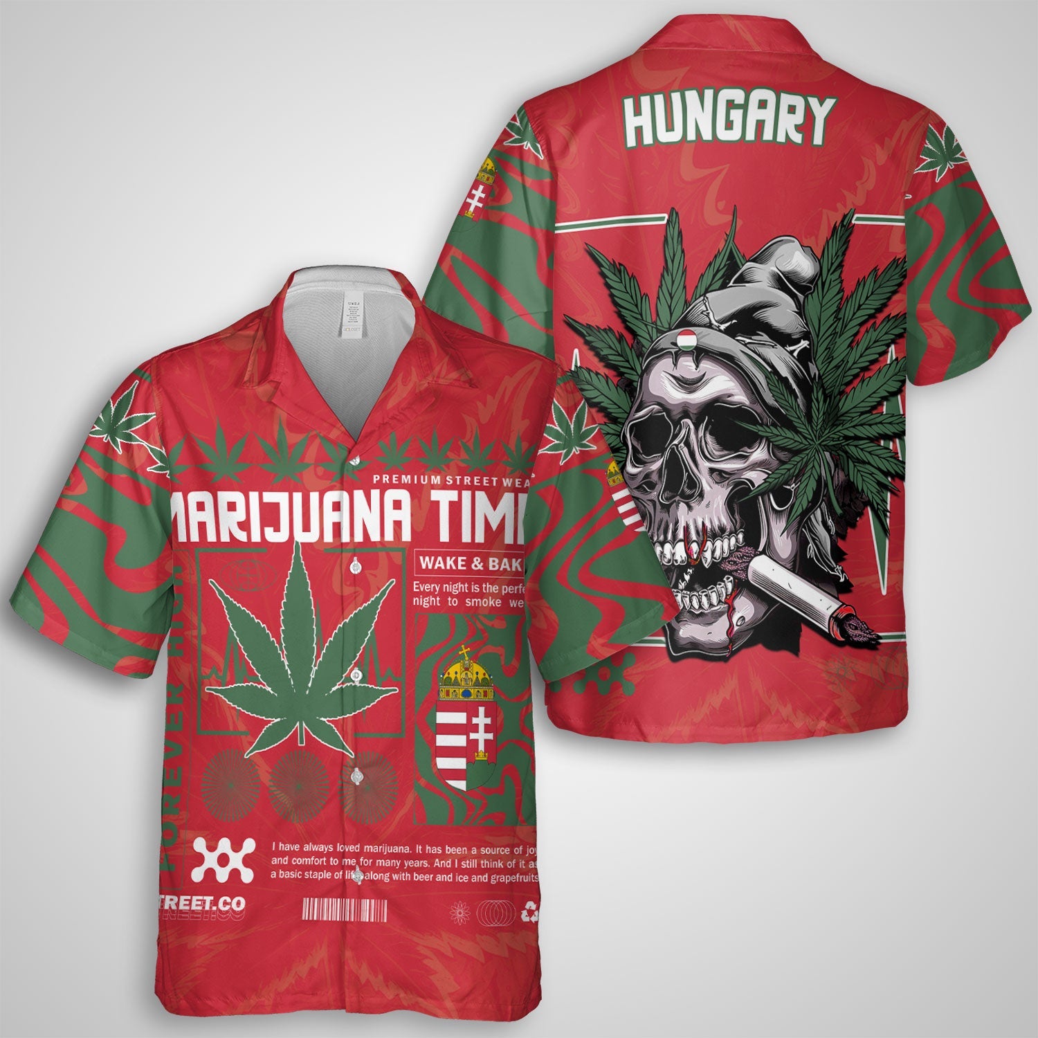 Hungary Hawaiian Shirt Flag & Coat Of Arms Marijuanas Style