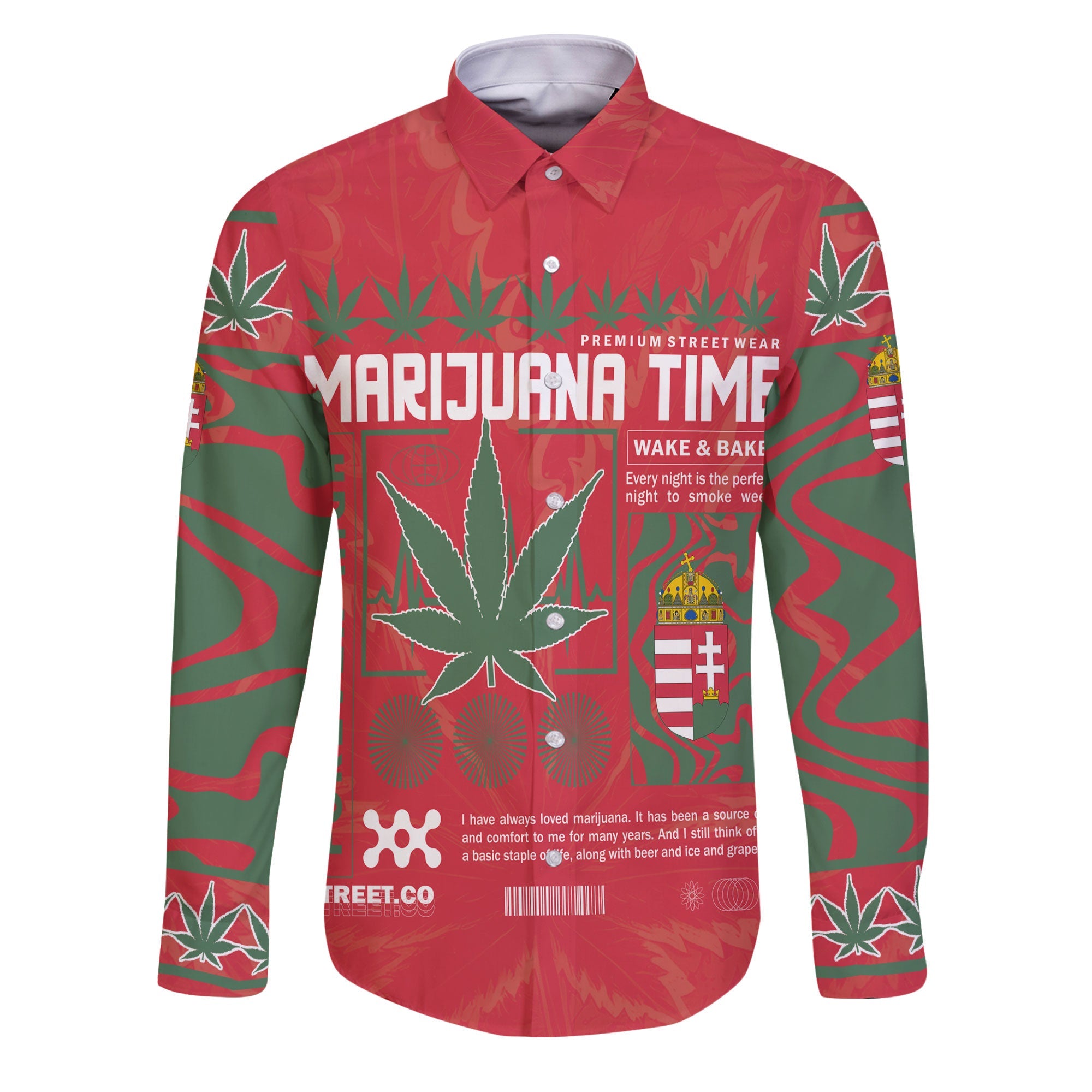 Hungary Long Sleeve Button Shirt Flag & Coat Of Arms Marijuanas Style