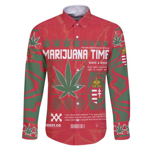 Hungary Long Sleeve Button Shirt Flag & Coat Of Arms Marijuanas Style