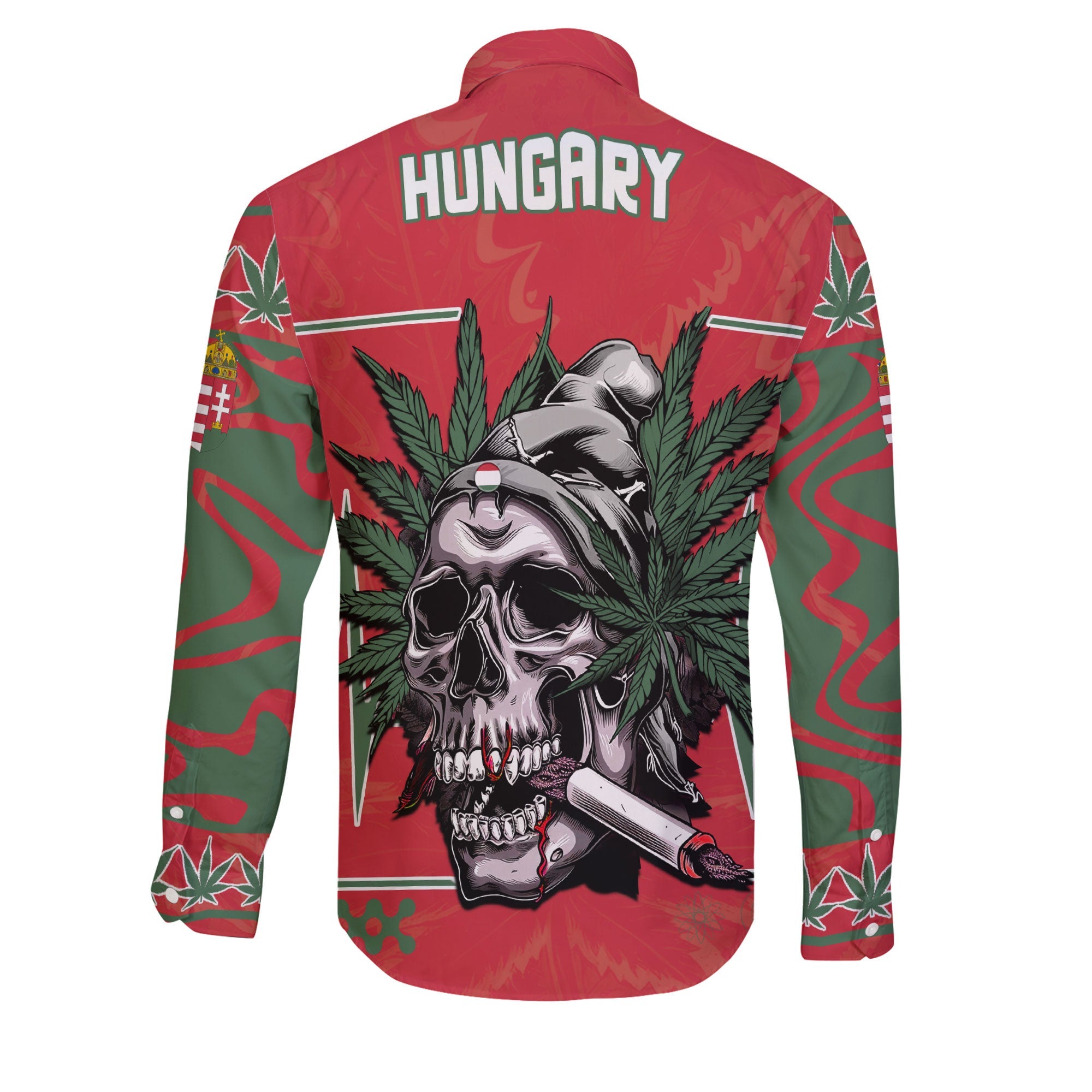 Hungary Long Sleeve Button Shirt Flag & Coat Of Arms Marijuanas Style