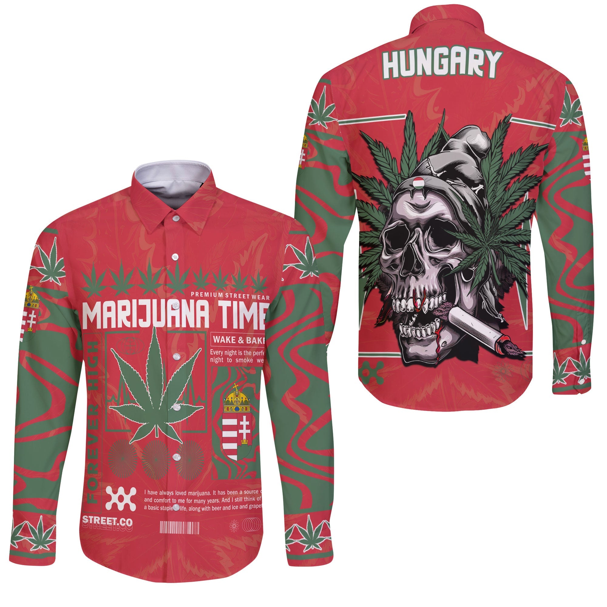 Hungary Long Sleeve Button Shirt Flag & Coat Of Arms Marijuanas Style