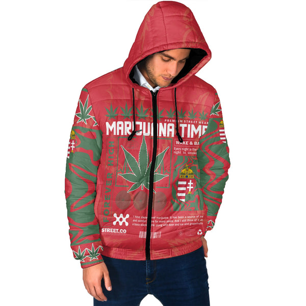 Hungary Men Hooded Padded Jacket Flag & Coat Of Arms Marijuanas Style