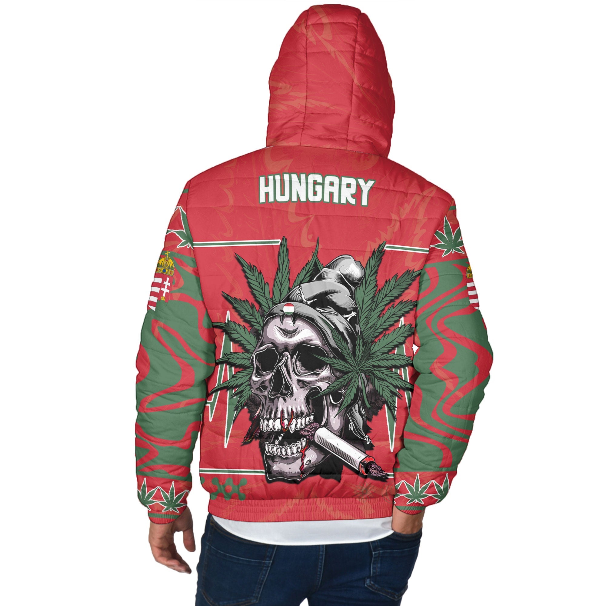 Hungary Men Hooded Padded Jacket Flag & Coat Of Arms Marijuanas Style