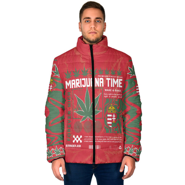 Hungary Men Padded Jacket Flag & Coat Of Arms Marijuanas Style