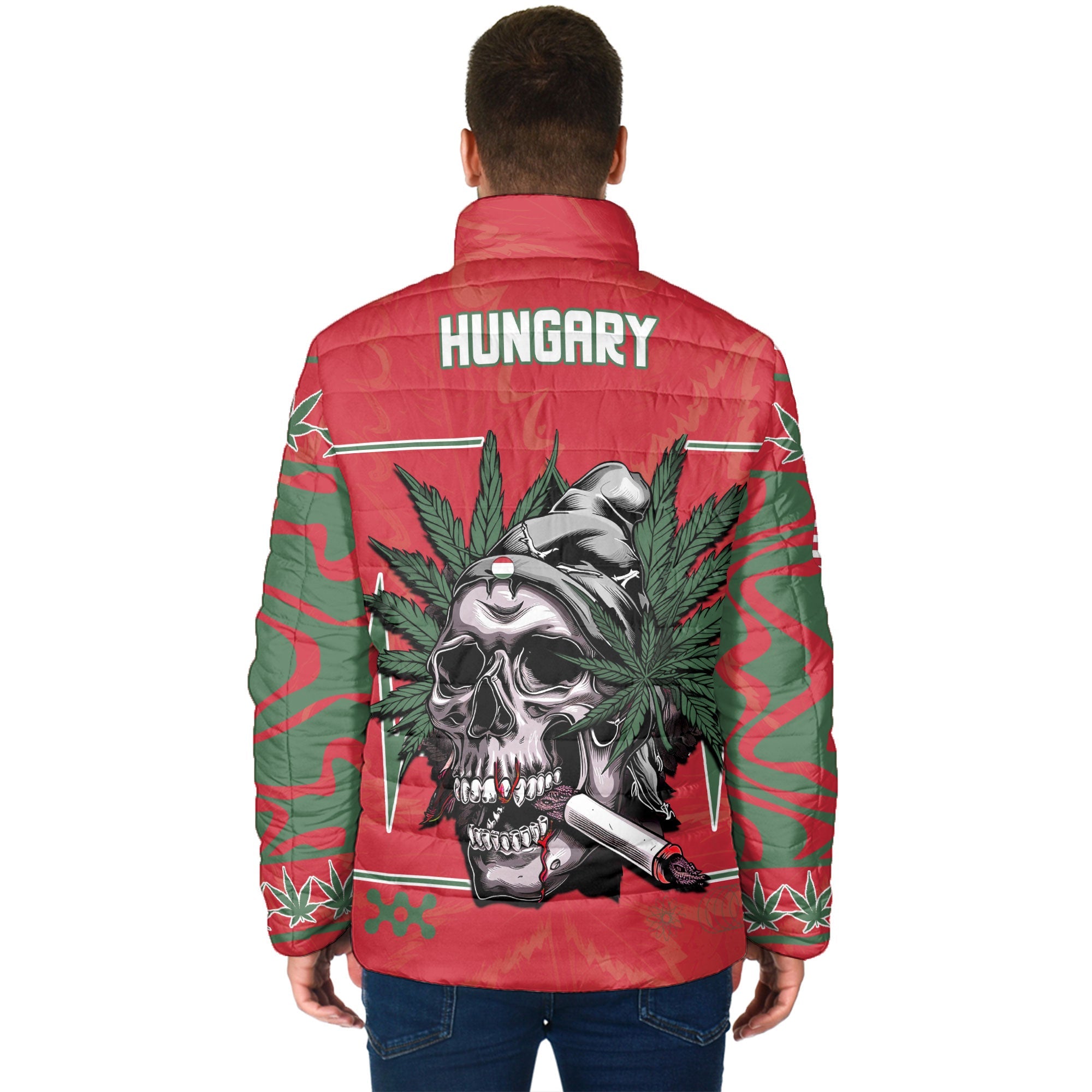 Hungary Men Padded Jacket Flag & Coat Of Arms Marijuanas Style