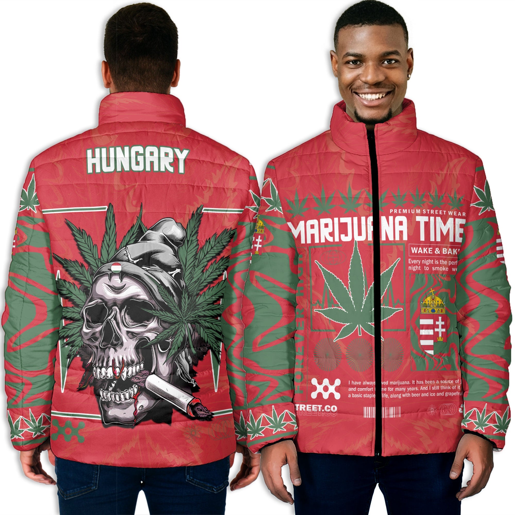 Hungary Men Padded Jacket Flag & Coat Of Arms Marijuanas Style