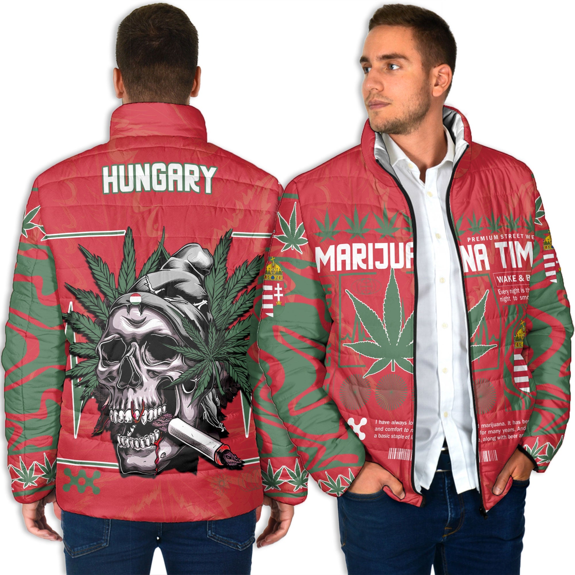 Hungary Men Padded Jacket Flag & Coat Of Arms Marijuanas Style