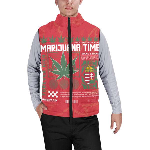 Hungary Men Padded Jacket Vest Flag & Coat Of Arms Marijuanas Style