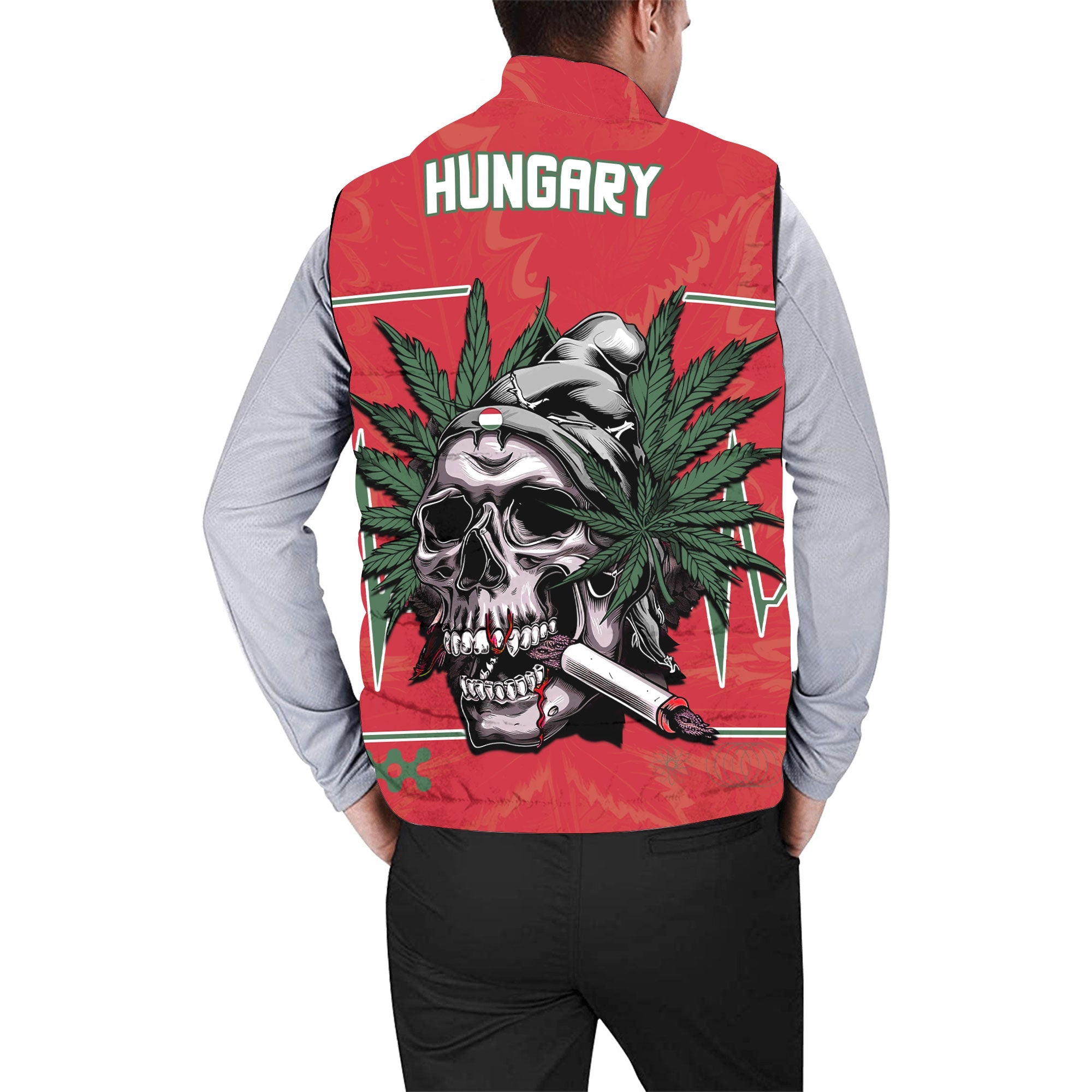 Hungary Men Padded Jacket Vest Flag & Coat Of Arms Marijuanas Style