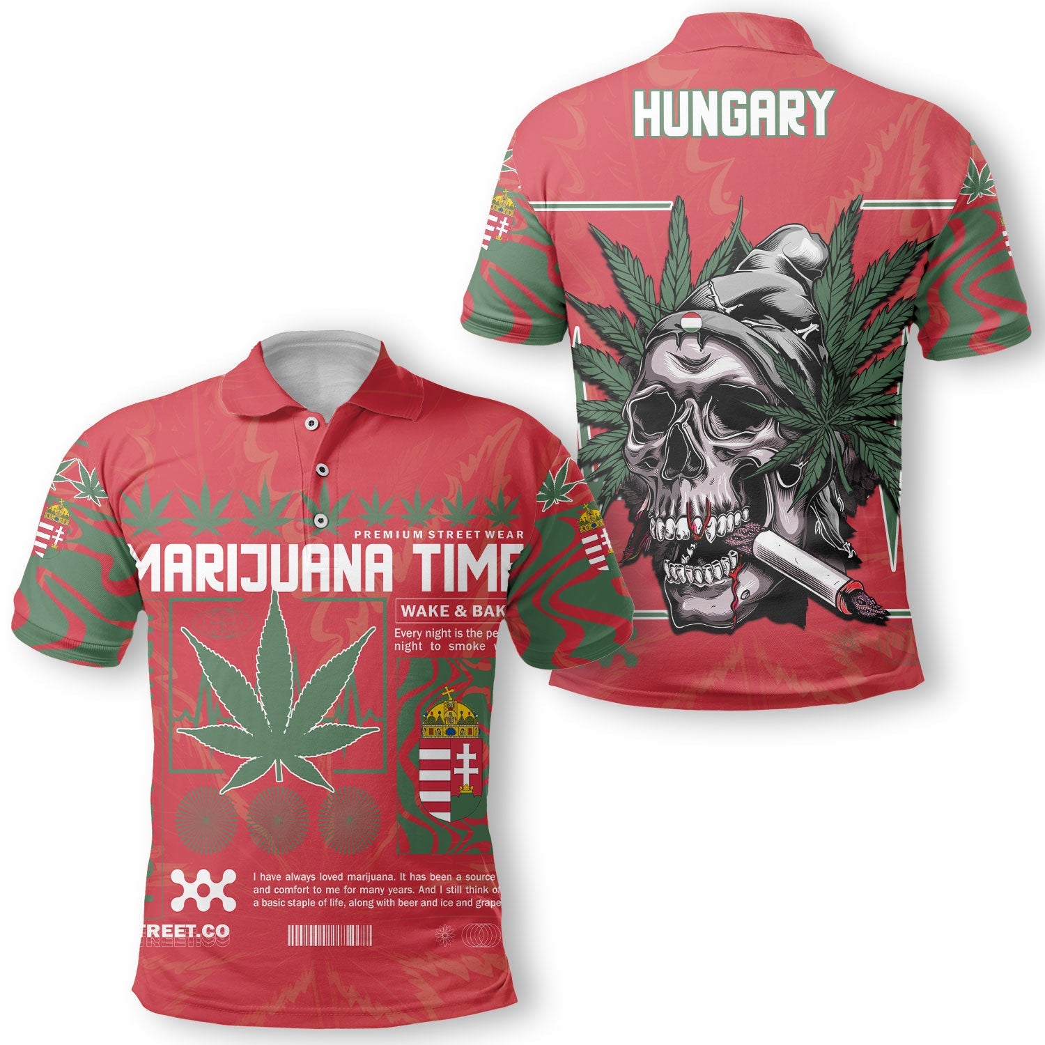 Hungary Polo Shirt Flag & Coat Of Arms Marijuanas Style