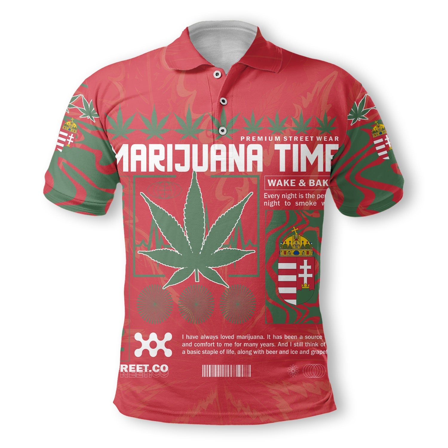 Hungary Polo Shirt Flag & Coat Of Arms Marijuanas Style