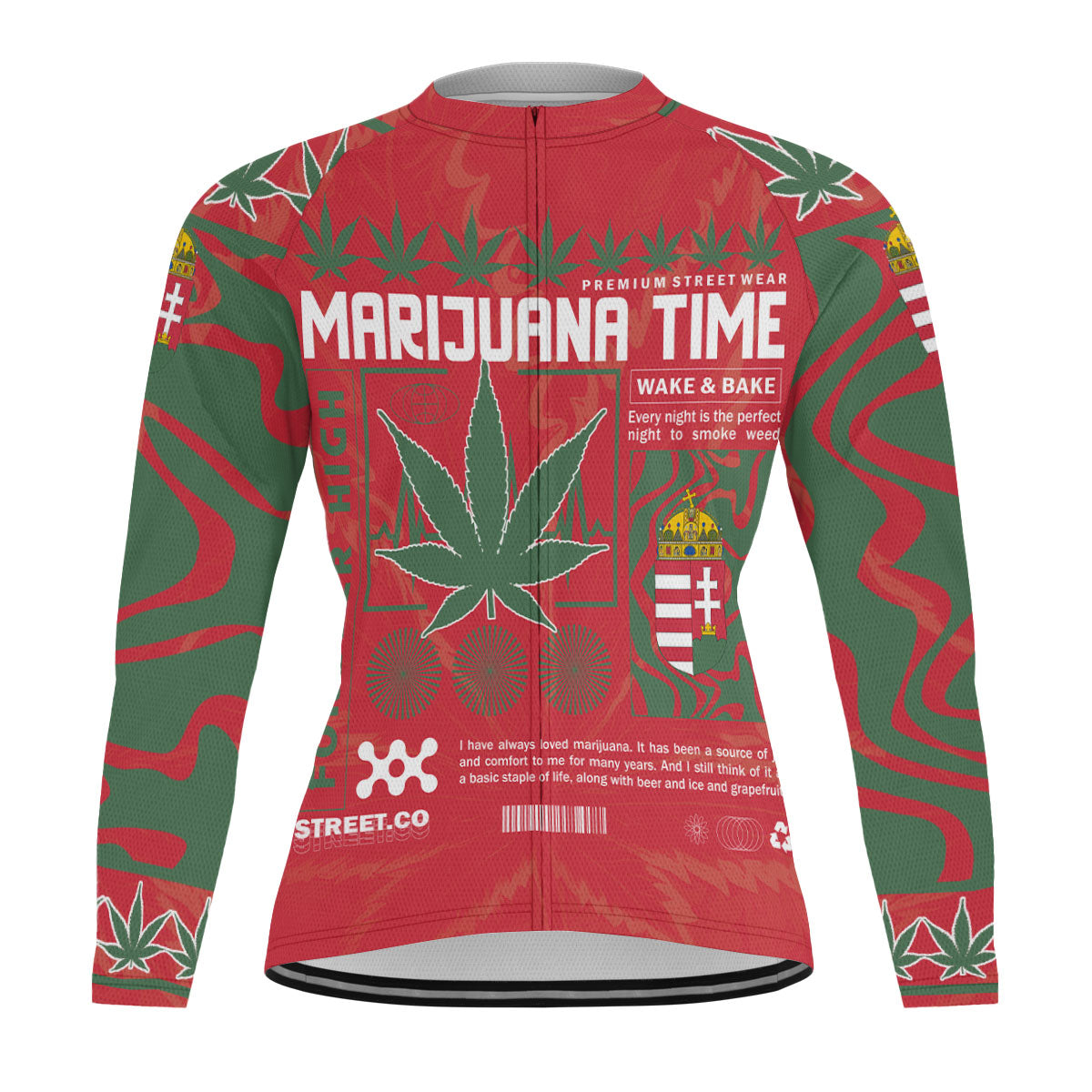 Hungary Men's Cycling Jersey Long Sleeve Flag & Coat Of Arms Marijuanas Style