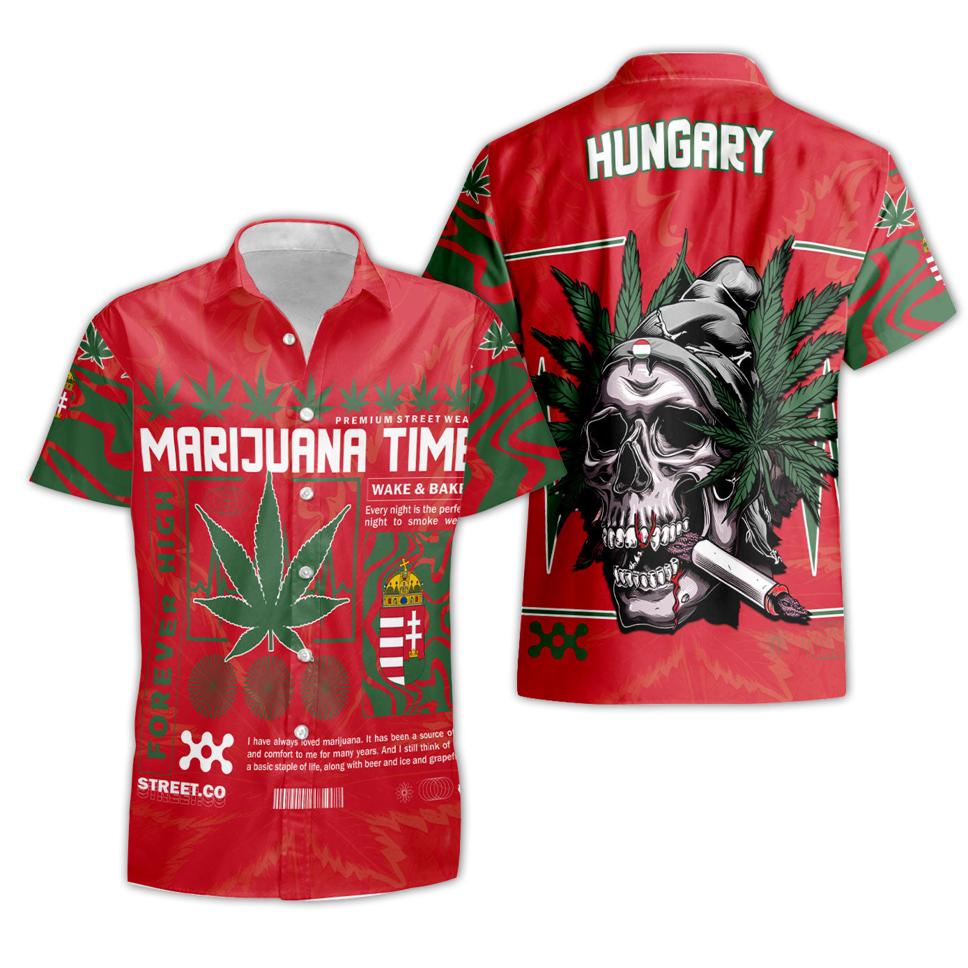 Hungary Short Sleeve Shirt Flag & Coat Of Arms Marijuanas Style