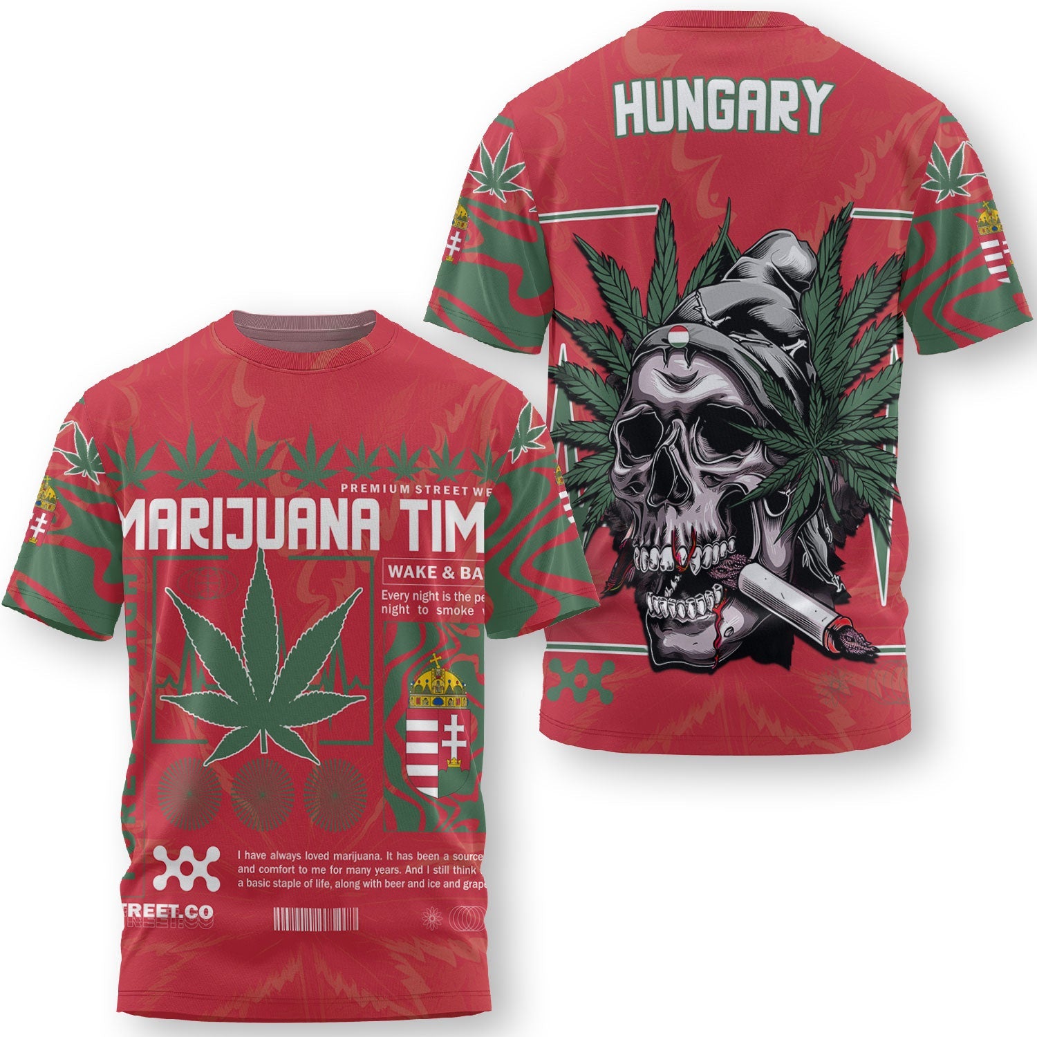 Hungary T Shirt Flag & Coat Of Arms Marijuanas Style