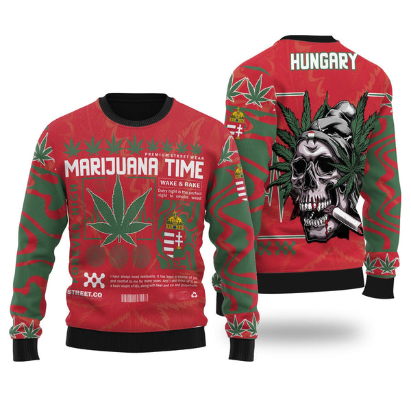 Hungary Ugly Sweater Flag & Coat Of Arms Marijuanas Style