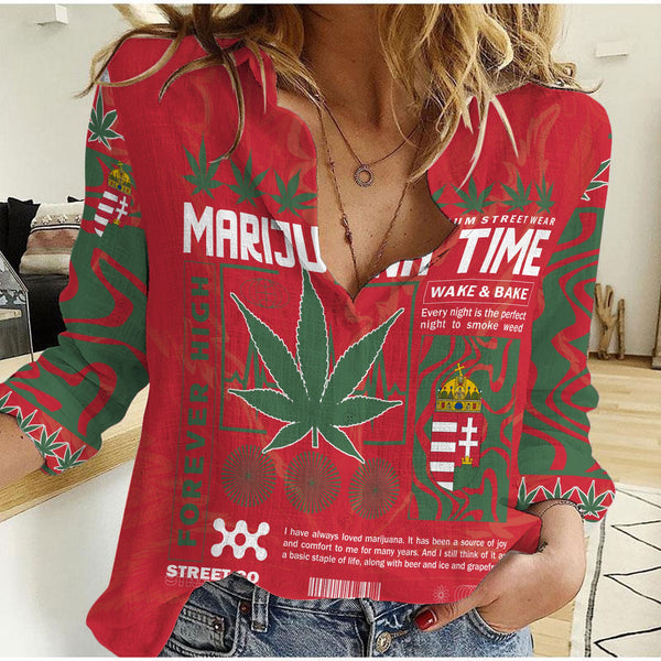 Hungary Women Casual Shirt Flag & Coat Of Arms Marijuanas Style