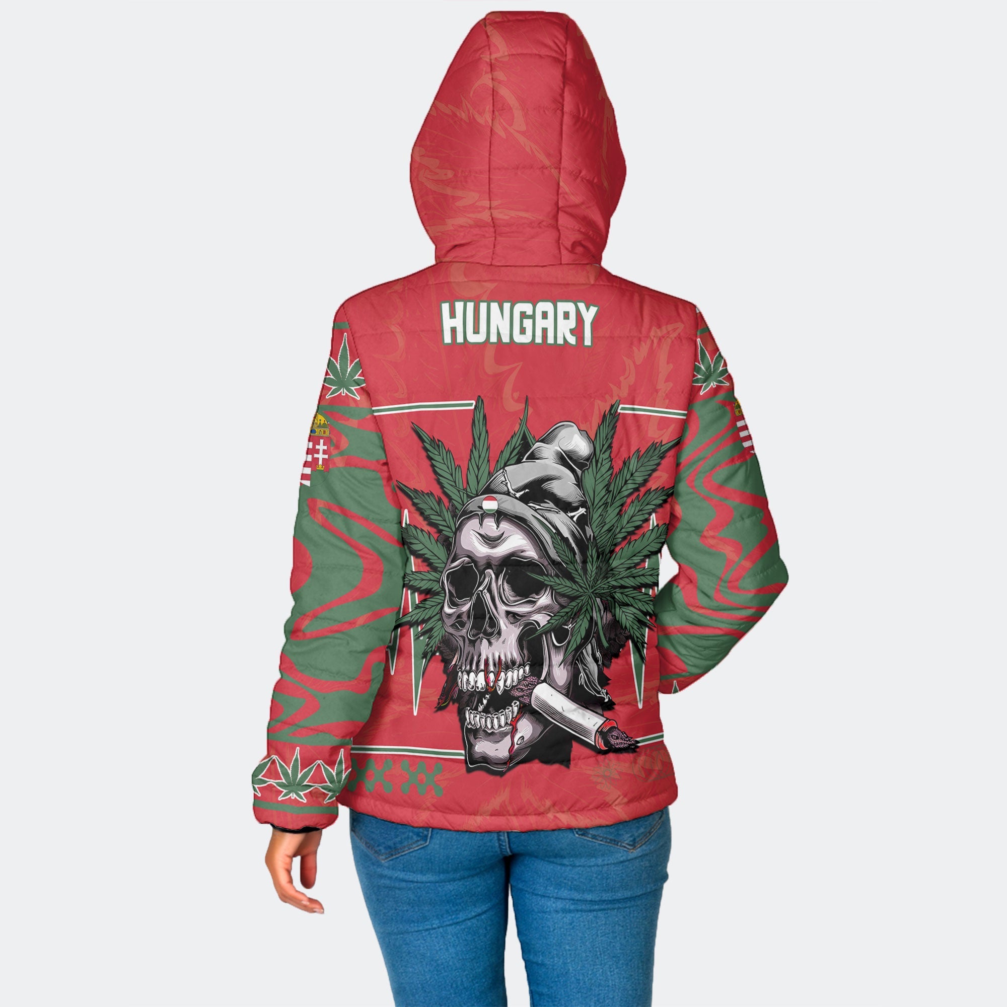 Hungary Women Hooded Padded Jacket Flag & Coat Of Arms Marijuanas Style