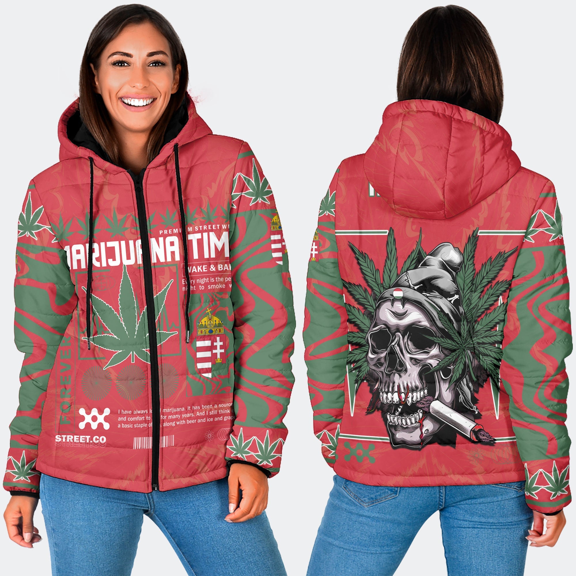 Hungary Women Hooded Padded Jacket Flag & Coat Of Arms Marijuanas Style