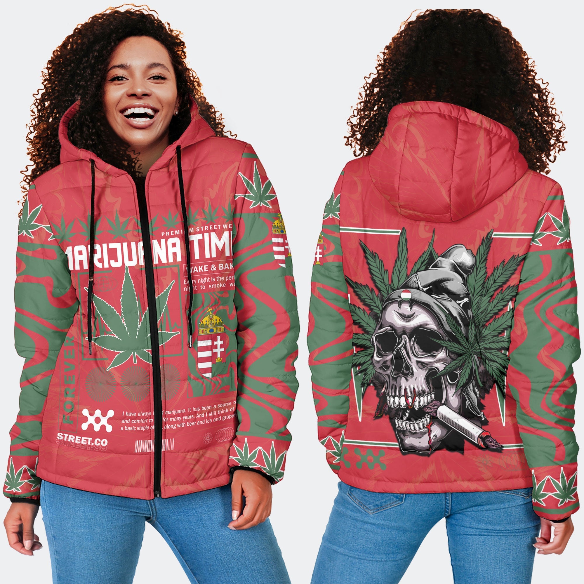 Hungary Women Hooded Padded Jacket Flag & Coat Of Arms Marijuanas Style